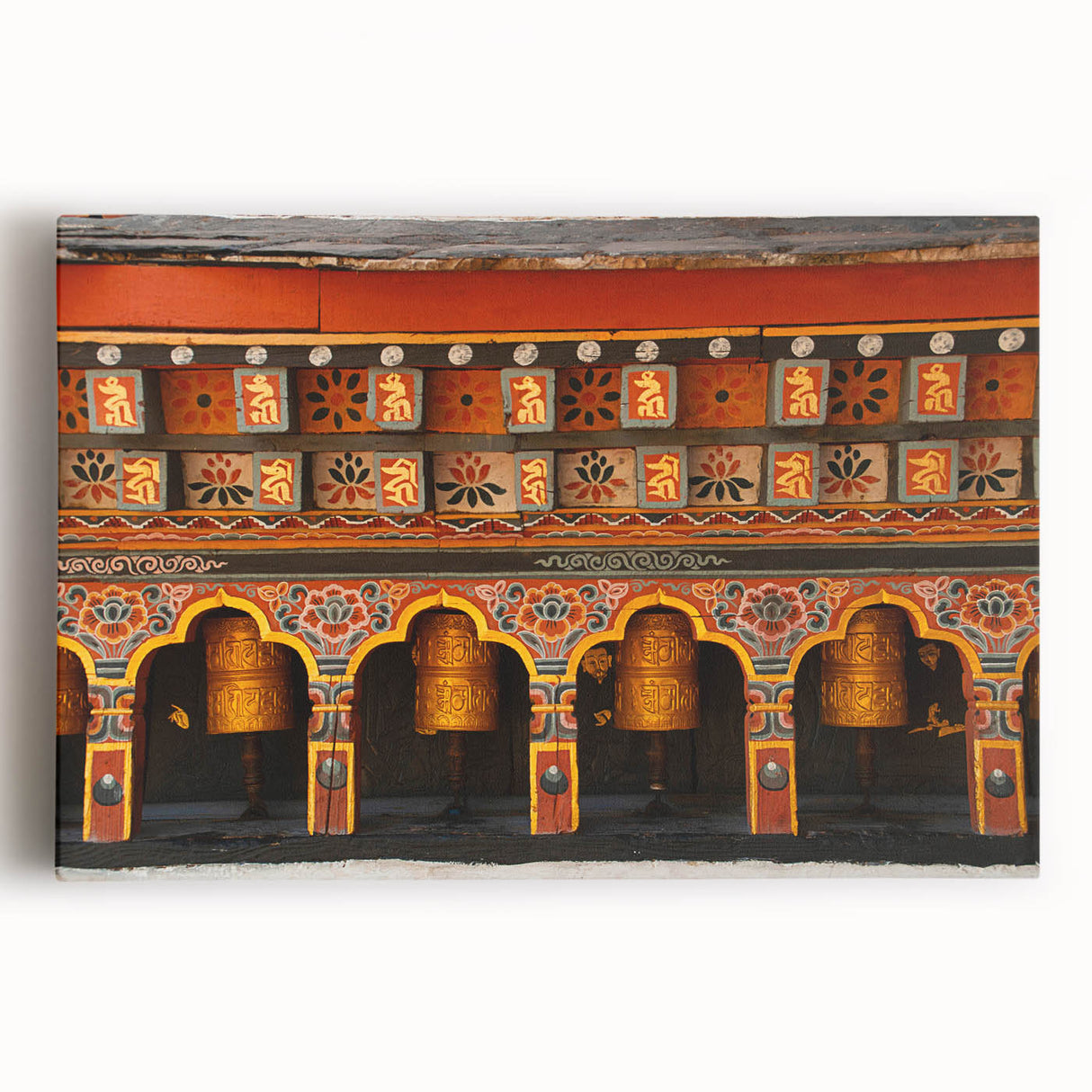 Black and white photograph of a serene Bhutanese landscape on large stretched canvas, ideal for kitchen art.