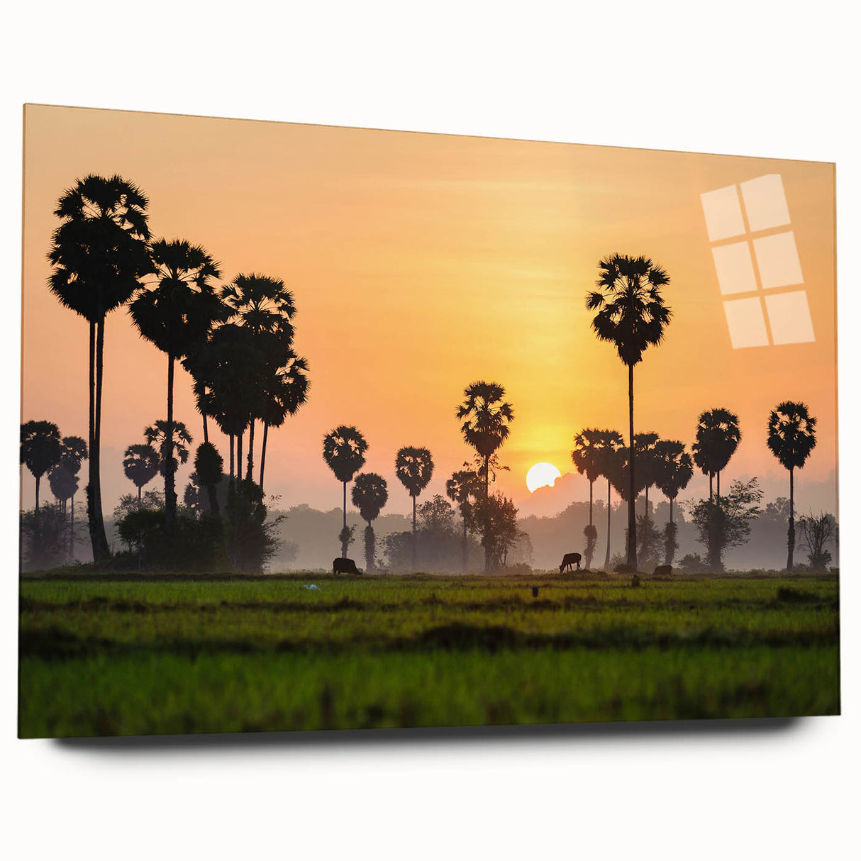 Large abstract wall art depicting a serene Cambodian landscape in muted earth tones on acrylic glass.