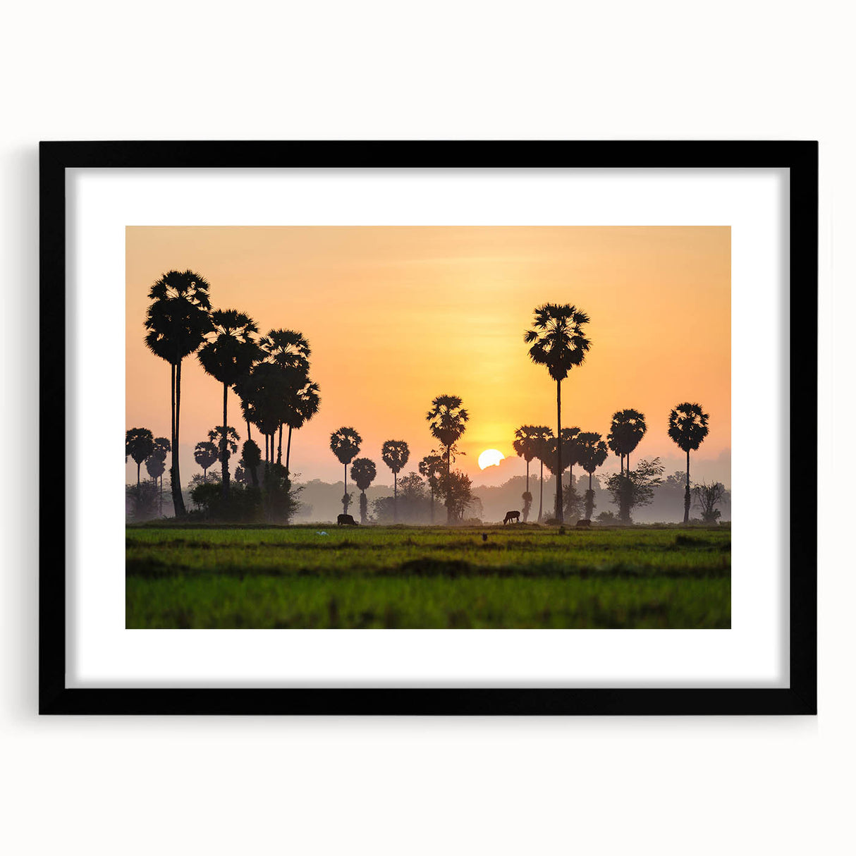 Colorful abstract art print of a Cambodian landscape in vibrant hues on a large framed canvas, ideal for living room decor.