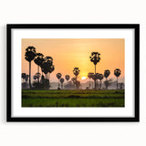 Colorful abstract art print of a Cambodian landscape in vibrant hues on a large framed canvas, ideal for living room decor.