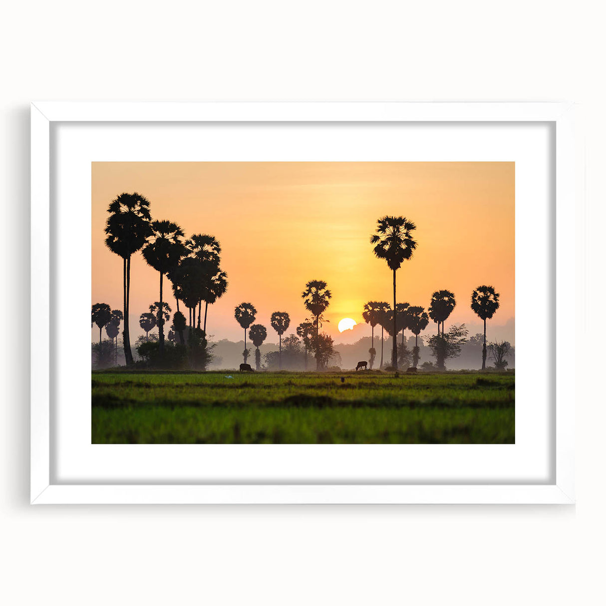 Abstract art print of Cambodian scenery in muted earth tones on a framed white mat, suitable for dining room decor.