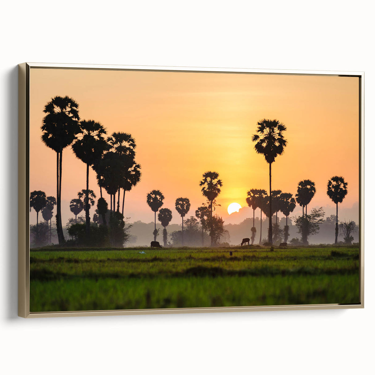 Framed canvas featuring a vintage-style landscape painting of a Cambodian scenery in gold and black tones.