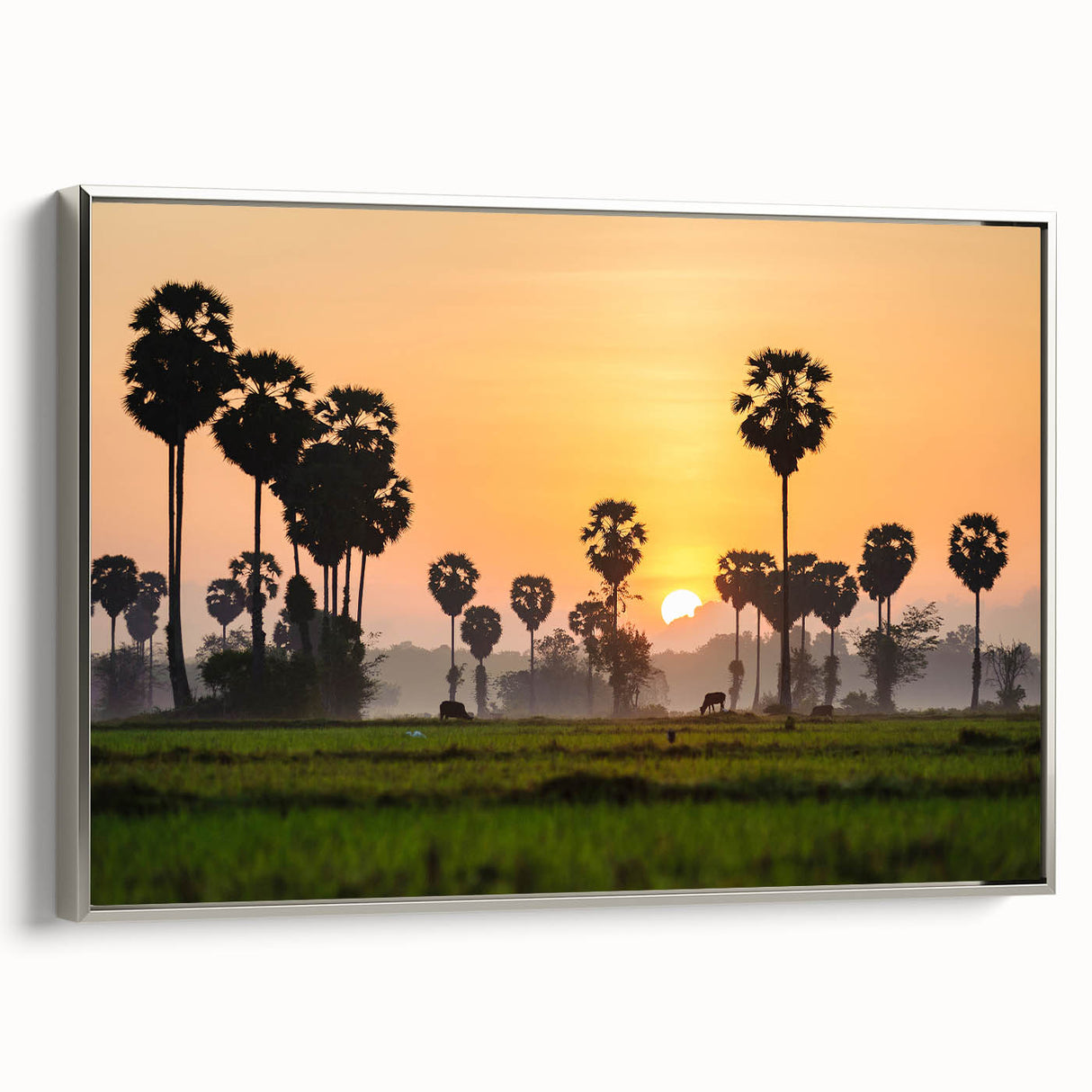 Framed canvas featuring a vintage-style landscape painting of a Cambodian scenery in vibrant colors on a black background.