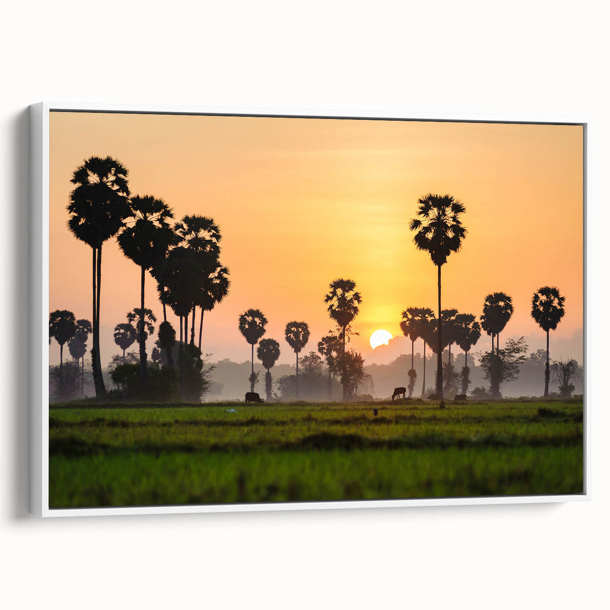 Framed canvas of a vintage poster art depicting a scenic Cambodian landscape, featuring vibrant colors on a large scale.