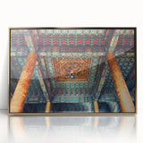 Large art print of Beijing scenery in mid-century modernist style, featuring muted gold and gray tones on a framed acrylic.