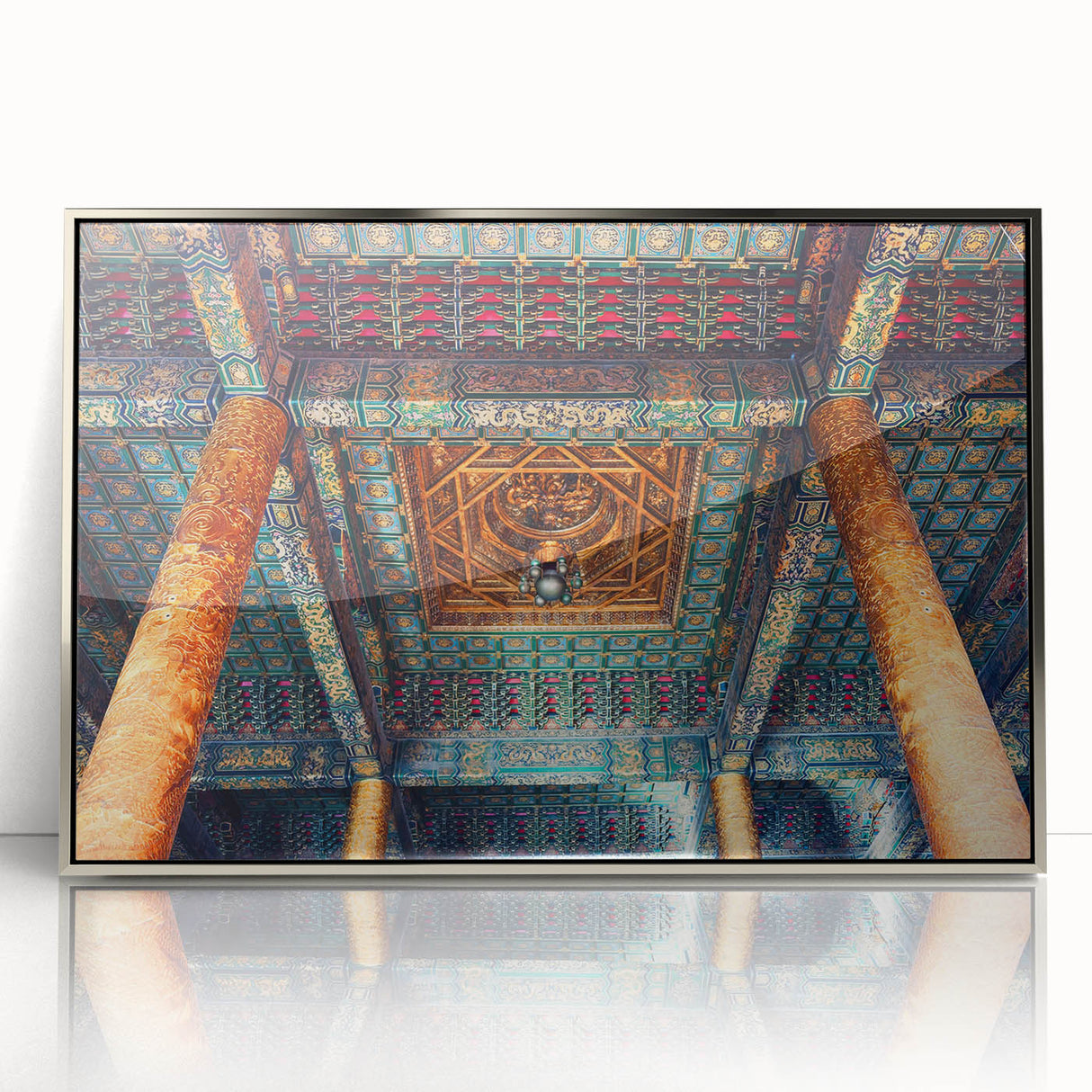 Mid-century modernist art depicting the Beijing skyline in muted silver tones on a framed acrylic print.