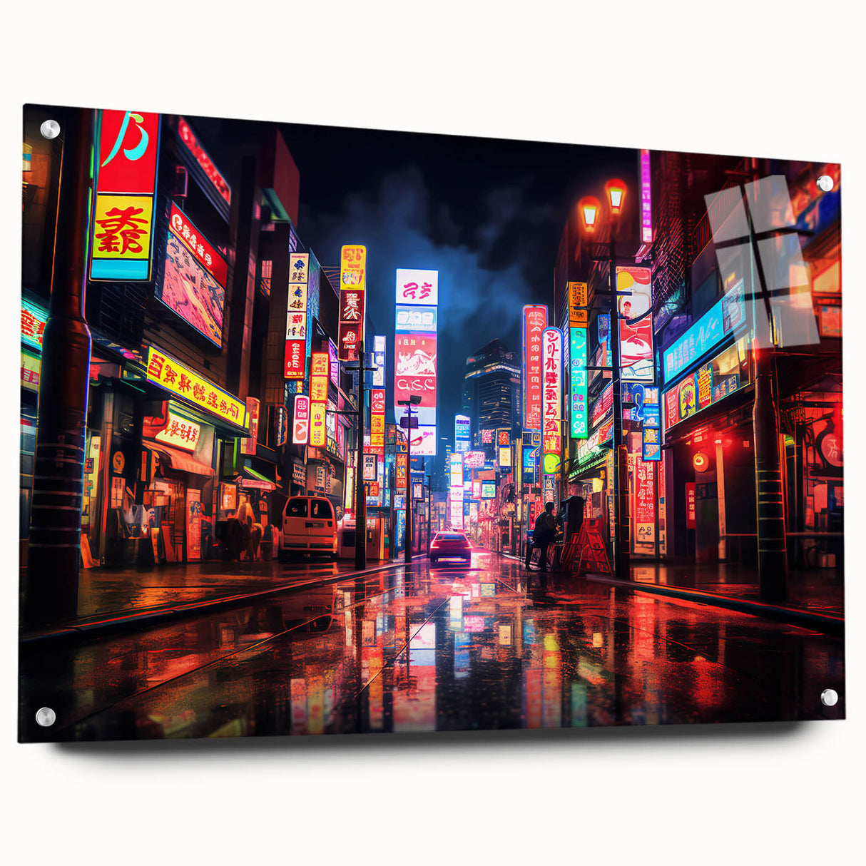 Acrylic print of a large abstract depiction of Shanghai with vibrant hues of blue and orange, ideal for dining room decor.