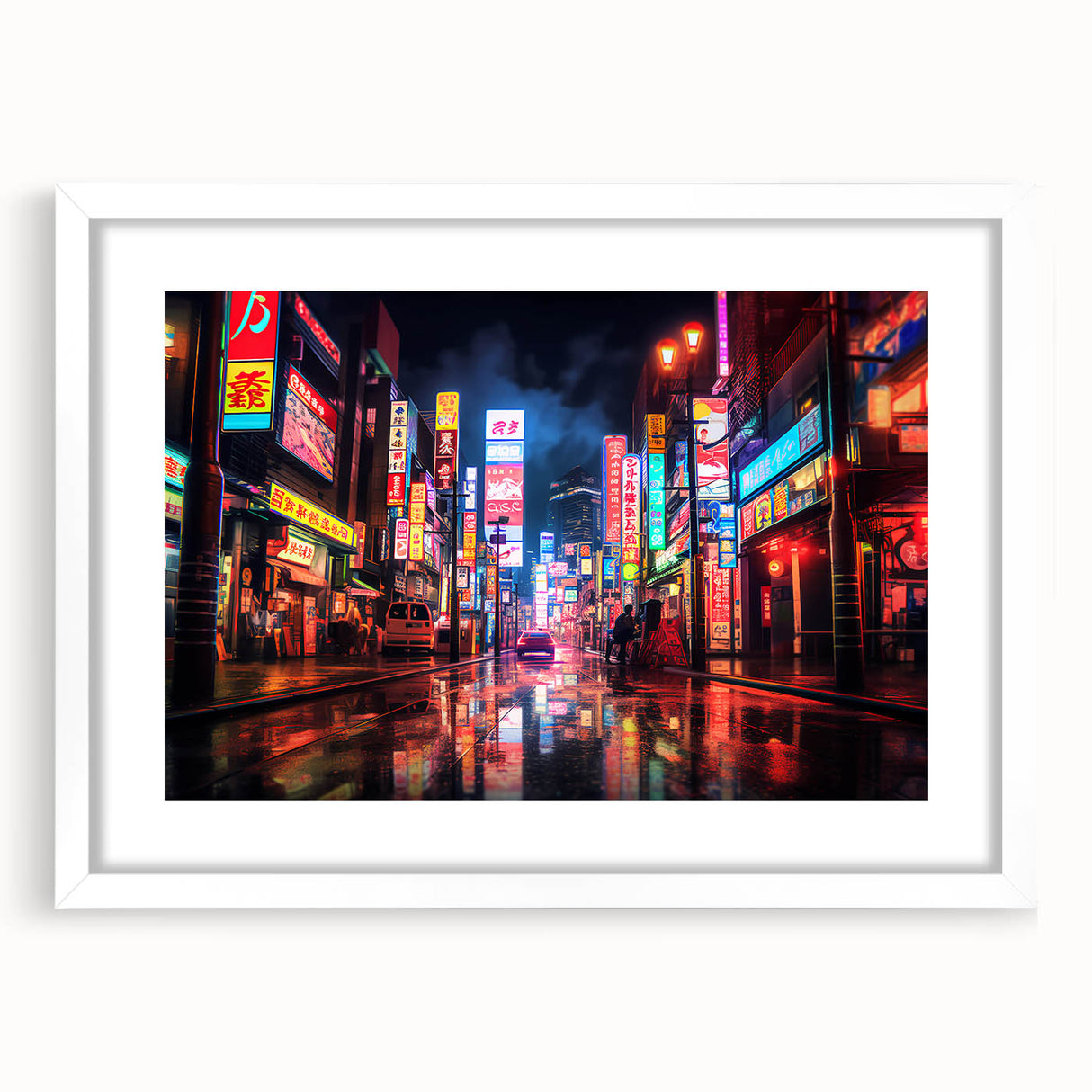 Abstract art print of Shanghai skyline in muted gray and blue tones on a white framed canvas, ideal for dining room decor.