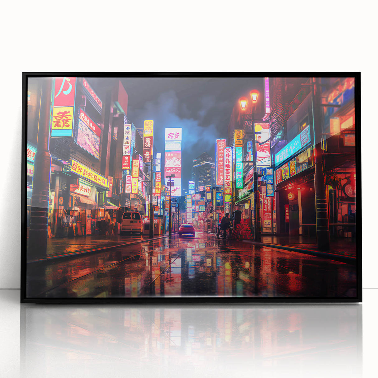 Large abstract wall art depicting the Shanghai skyline in muted gray and blue tones, framed in black acrylic.