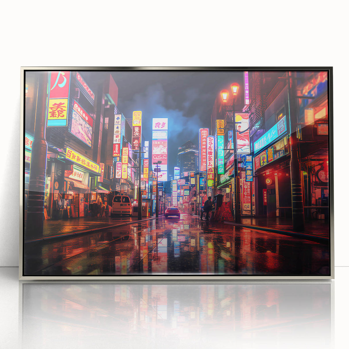 Mid-century modernist art depicting Shanghai skyline in muted gray and silver tones on framed acrylic.