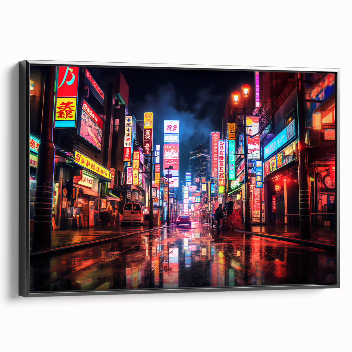 Black and white wall art featuring a vintage poster-style landscape of Shanghai, printed on framed canvas.