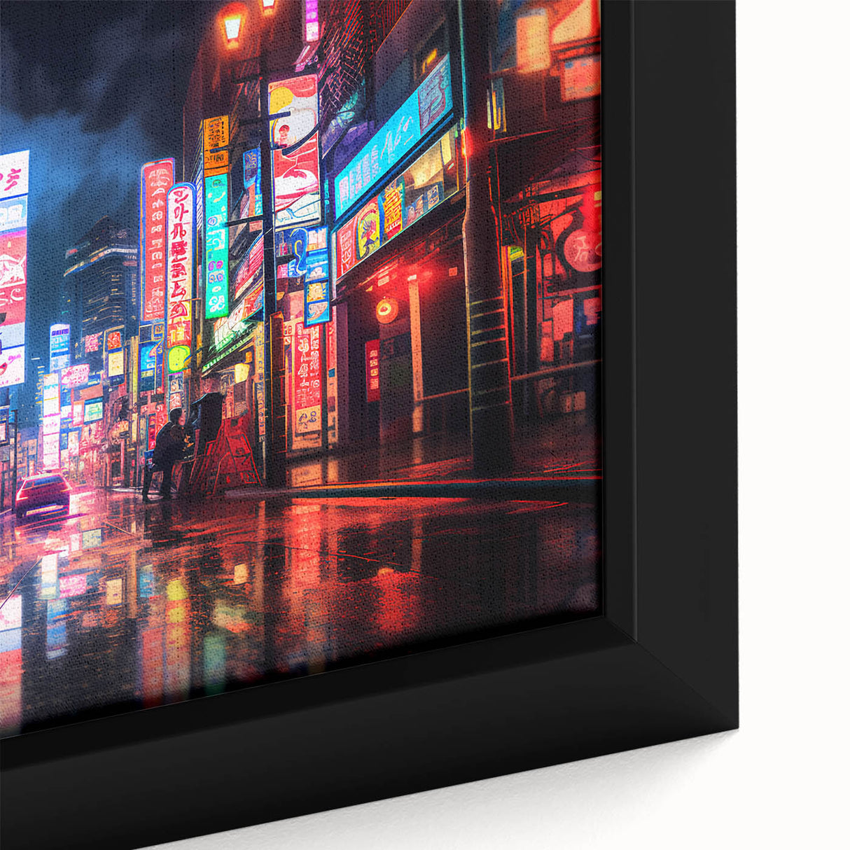Extra large framed canvas of Shanghai skyline in black with colorful textured art details, ideal for living room decor.