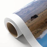 Art deco poster of a Tibetan landscape in muted blue and green tones on rolled canvas, ideal for nursery wall art.