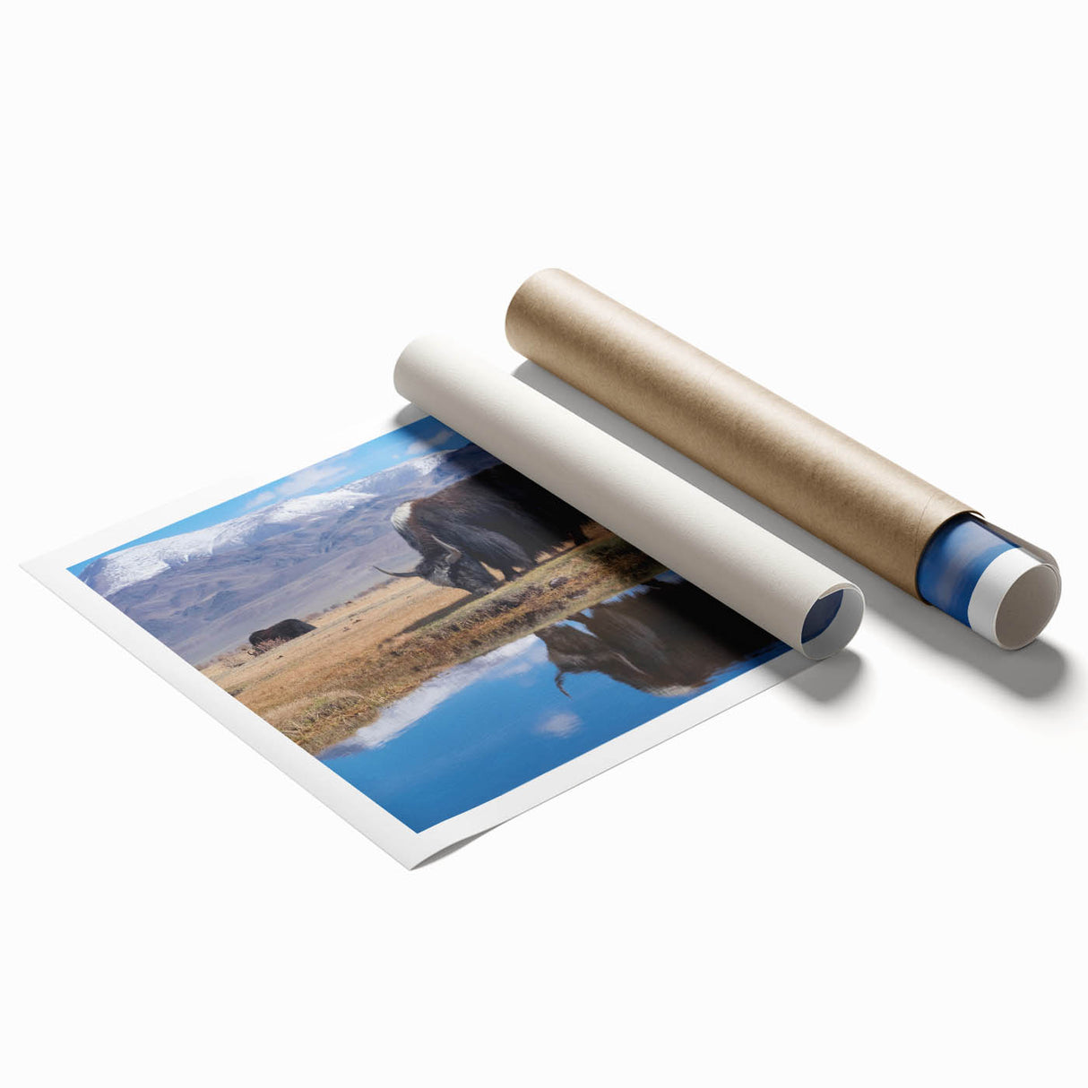 Extra large rolled print of Tibetan scenery with soft floral elements in muted earth tones.