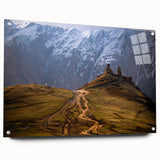 Large abstract wall art on acrylic glass depicting Asian scenery in muted earth tones.