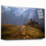 Large abstract wall art depicting a serene Georgian landscape in muted earth tones, printed on acrylic glass.