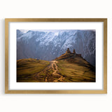 Extra large textured abstract art print of a Georgia landscape in muted earth tones, framed in gold.