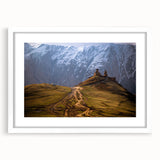 Abstract art print of a vibrant, colorful Georgian landscape on a white-framed canvas, ideal for dining room decor.