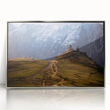 Mid-century modernist art depicting a serene Georgia landscape in soft pastel hues on framed acrylic.