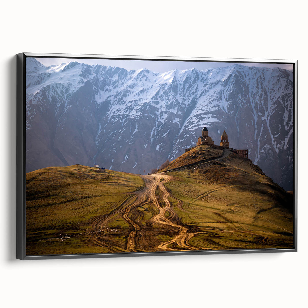 Black and white landscape art painting depicting a vintage scene of Georgian Asia on a framed canvas.