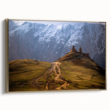 Framed canvas wall art featuring a vintage-style landscape of Georgian scenery in black and gold tones.