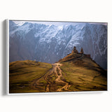 Vintage poster art of a scenic Georgian landscape on a framed canvas, featuring vibrant colors, ideal for living room decor.