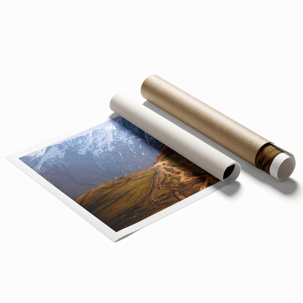 Extra large rolled print featuring a serene Georgian landscape with lush floral elements in soft green and blue tones.