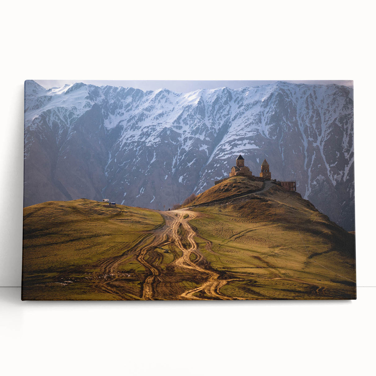 Black and white large art print of Georgia scenery on stretched canvas, ideal for kitchen wall art or bedroom decor.