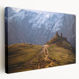 Large art depicting a serene Georgian Asian landscape in muted earth tones on stretched canvas, ideal for kitchen wall decor.