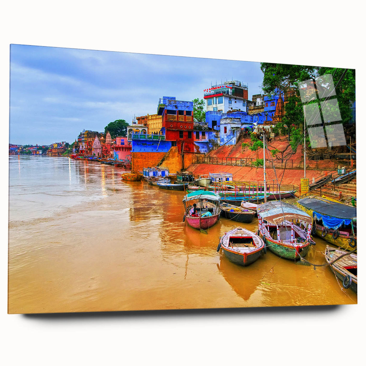 Large abstract wall art of an Indian scenery in vibrant colors on acrylic glass, ideal for bedroom or dining room decor.