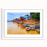 Abstract art print of an Indian landscape in muted earth tones on a framed white mat, ideal for dining room decor.