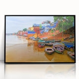 Large abstract wall art featuring a mid-century modernist design of an Indian scenery in acrylic frame.