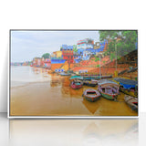 Acrylic print of a stylized Indian landscape in art deco style, using muted earth tones, ideal for modern art wall decor.