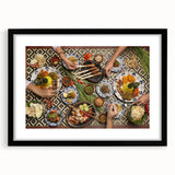 Abstract art print depicting a serene Indonesian landscape in muted earth tones, framed in black.