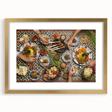 Extra large abstract art print of Indonesian scenery in textured gold frame, ideal for living room decor.