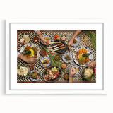 Extra large abstract art print featuring a colorful, textured depiction of an Asian landscape on a white framed canvas.