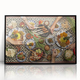 Large abstract wall art depicting a serene Indonesian landscape in muted earth tones, framed in black acrylic.