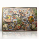 A large art print of an Indonesian landscape in mid-century modernist style, featuring muted earth tones on acrylic.