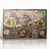 Mid-century modernist art depicting a serene Indonesian landscape in muted earth tones, framed in silver acrylic.