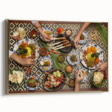 Framed canvas depicting a serene Indonesian landscape in muted gold and black tones, suitable for bedroom wall art.