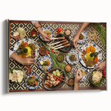 Framed canvas landscape art painting of an Indonesian scenery in colorful tones, ideal for living room decor.