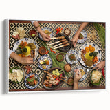 Vintage poster art of an Indonesian landscape in colorful hues on extra large framed canvas, suitable for living room decor.