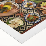 Art deco poster of an Indonesian landscape in muted green and blue tones on rolled canvas, suitable for dining room decor.