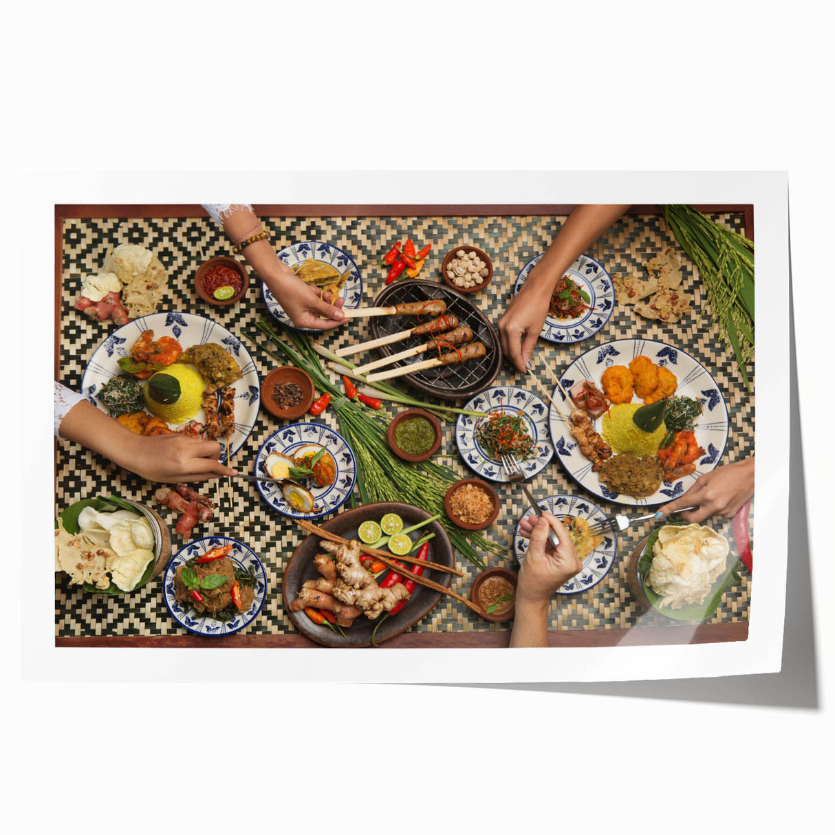 Extra large rolled print depicting Indonesian scenery with lush florals in vibrant green and earth tones.