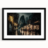 Extra large abstract art print of colorful, textured scenery depicting Kyoto, in a black frame, ideal for living room decor.