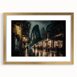 Extra large framed wall art depicting an abstract Kyoto scenery in textured gold and earth tones.