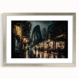 Abstract textured art print of a Kyoto scenery in muted earth tones, framed in silver, ideal for bedroom ambiance.