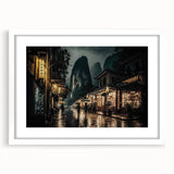 Abstract art print of a Kyoto scenery in muted earth tones, framed with a white mat, suitable for dining room decor.