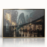 Large art print of a Kyoto scenery in muted green and gold tones on framed acrylic, ideal for modern art wall decor.