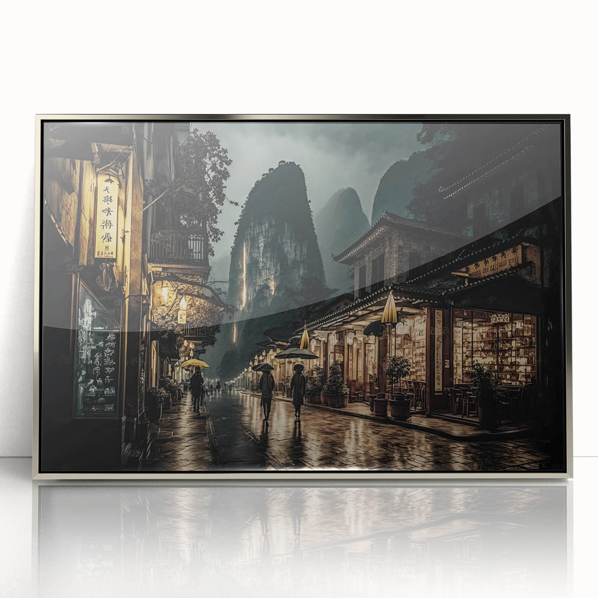Mid-century modernist art depicting a serene Kyoto landscape in soft pastels on a silver-framed acrylic.